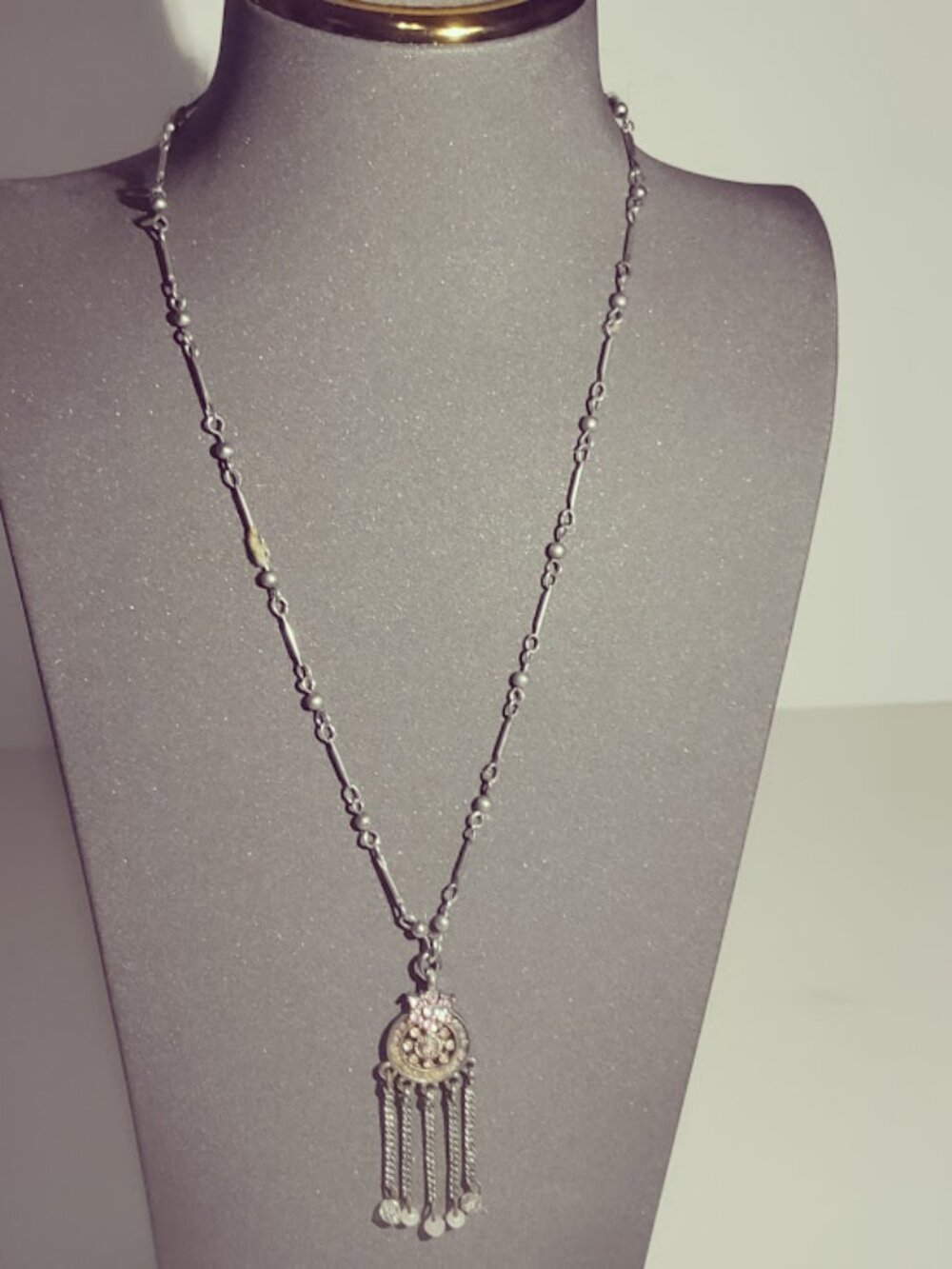 Silver Tone Rhinestone Faux Pearl Fringe Necklace